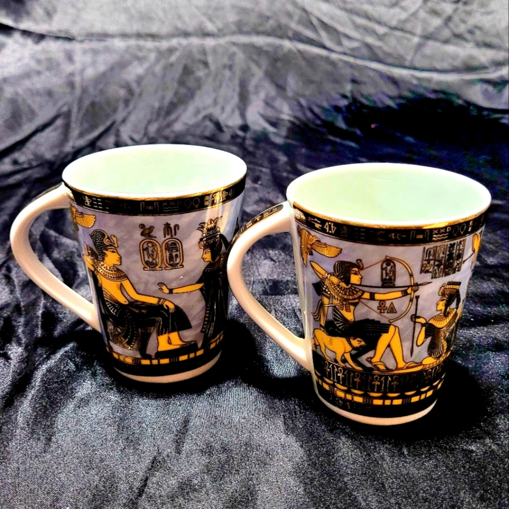 Fathi Mahmoud Egyptian Coffee Mugs~Pate Et Email Limoges Sculpture Cups~Pharaoh